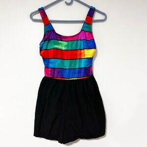 Longitude Vintage Rainbow Stripe One Piece Swimsuit Skirted Black Bottom Size 12